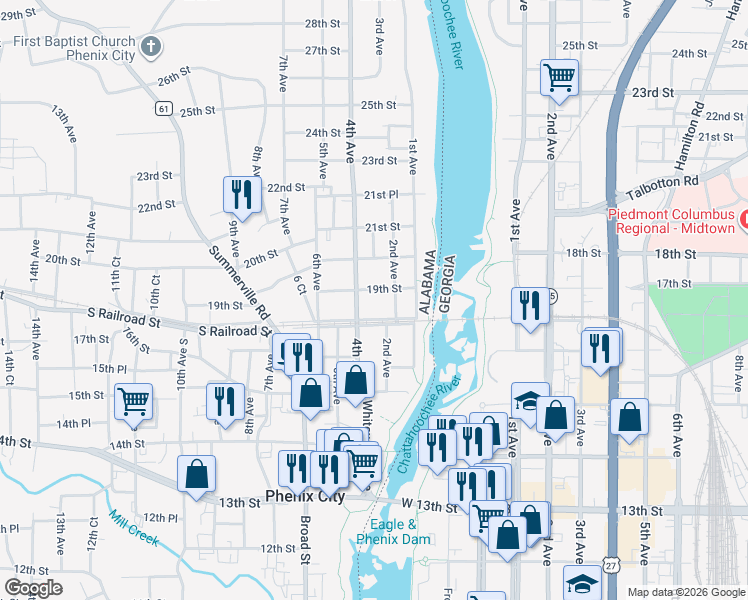 map of restaurants, bars, coffee shops, grocery stores, and more near 207 19th Street in Phenix City