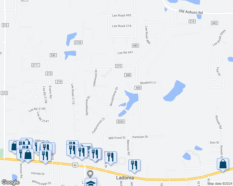 map of restaurants, bars, coffee shops, grocery stores, and more near 12 Woodchase Drive in Phenix City