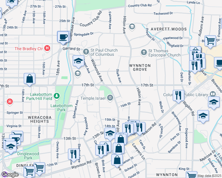 map of restaurants, bars, coffee shops, grocery stores, and more near 1660 Wildwood Avenue in Columbus
