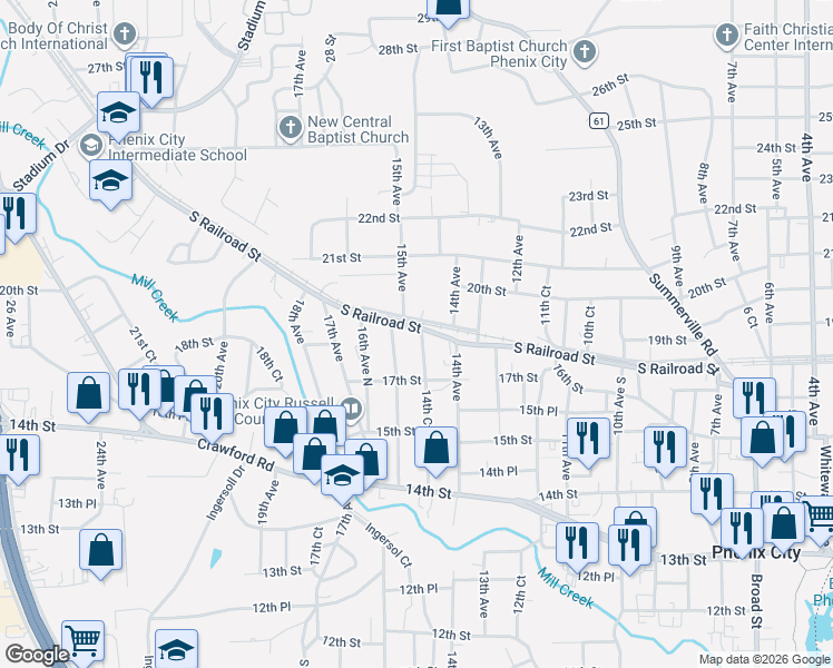 map of restaurants, bars, coffee shops, grocery stores, and more near 1717 14th Ct in Phenix City