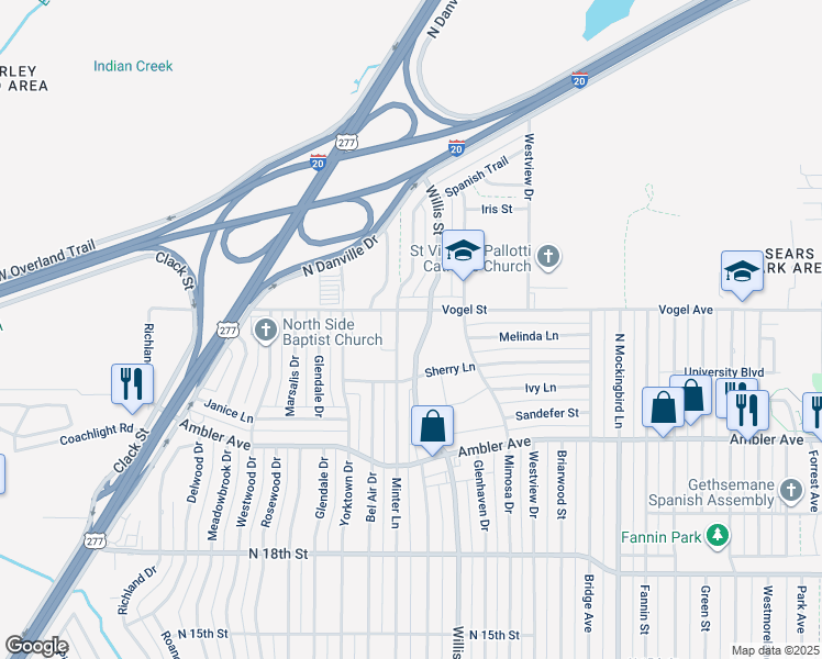 map of restaurants, bars, coffee shops, grocery stores, and more near 2410 North Willis Street in Abilene