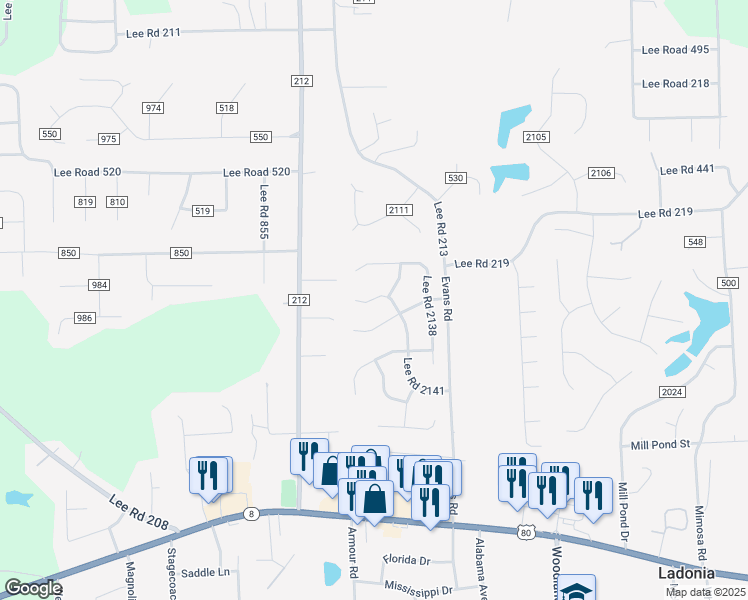 map of restaurants, bars, coffee shops, grocery stores, and more near 385 Lee Road 2141 in Phenix City