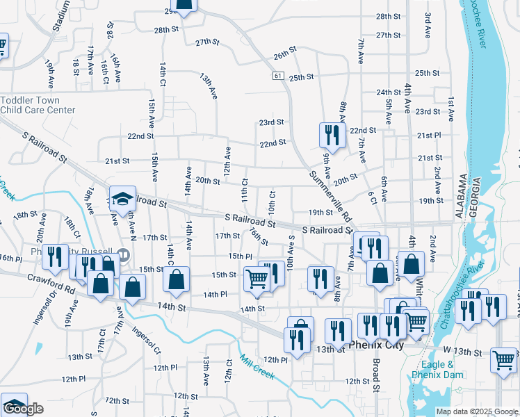 map of restaurants, bars, coffee shops, grocery stores, and more near 1804 11th Avenue in Phenix City