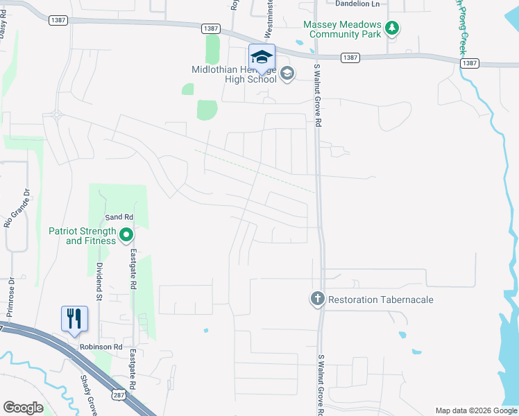 map of restaurants, bars, coffee shops, grocery stores, and more near 4002 Grove Valley Road in Midlothian