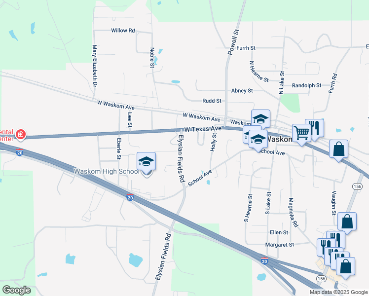 map of restaurants, bars, coffee shops, grocery stores, and more near 190 Elysian Fields Road in Waskom