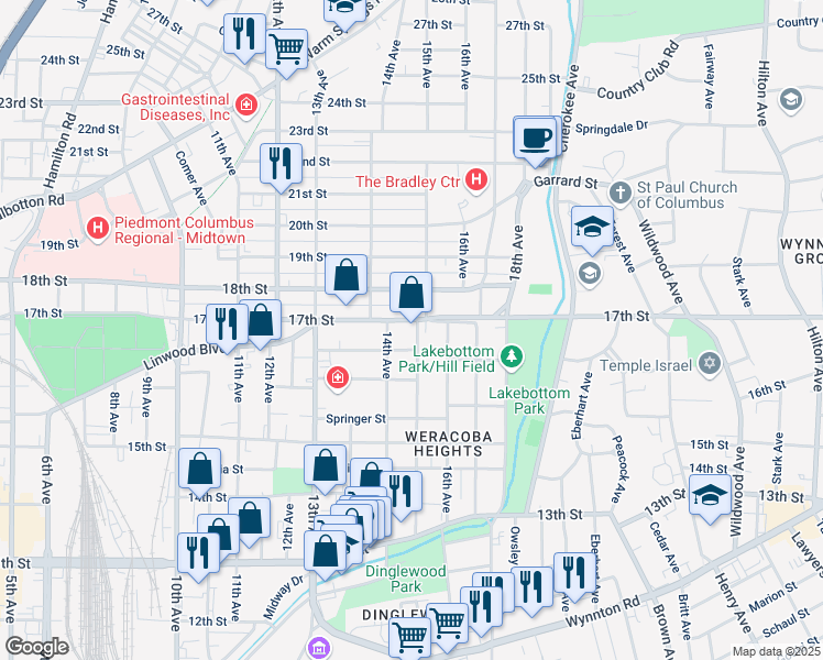 map of restaurants, bars, coffee shops, grocery stores, and more near 1422 17th Street in Columbus