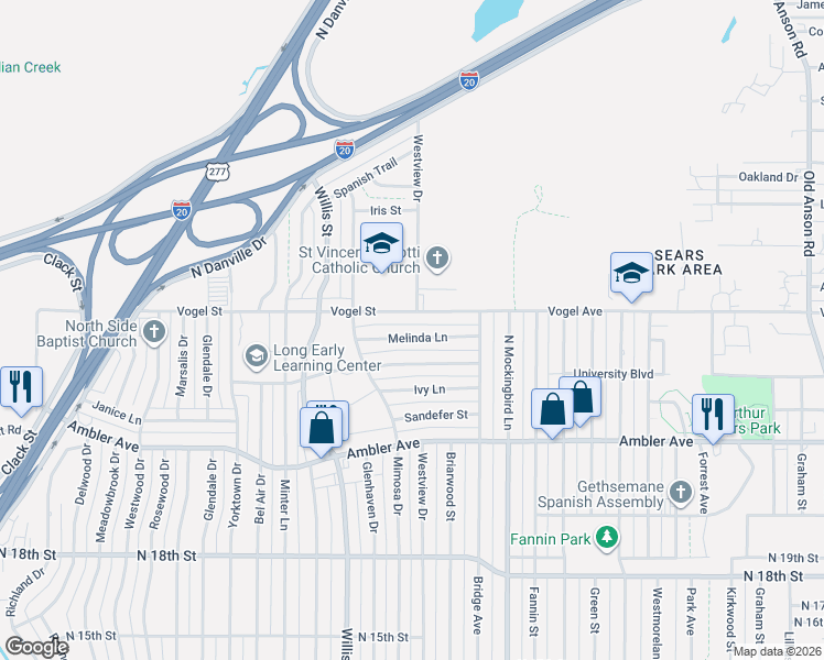 map of restaurants, bars, coffee shops, grocery stores, and more near 3234 Melinda Lane in Abilene