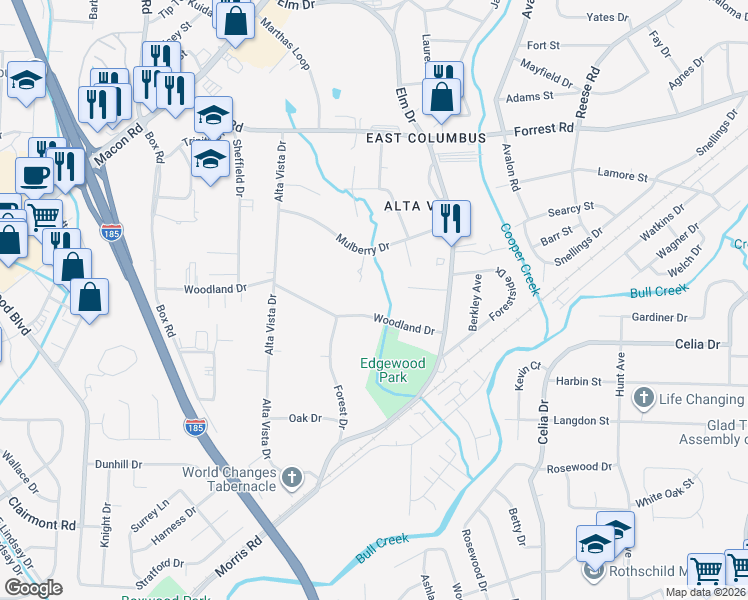 map of restaurants, bars, coffee shops, grocery stores, and more near 3835 Woodland Drive in Columbus