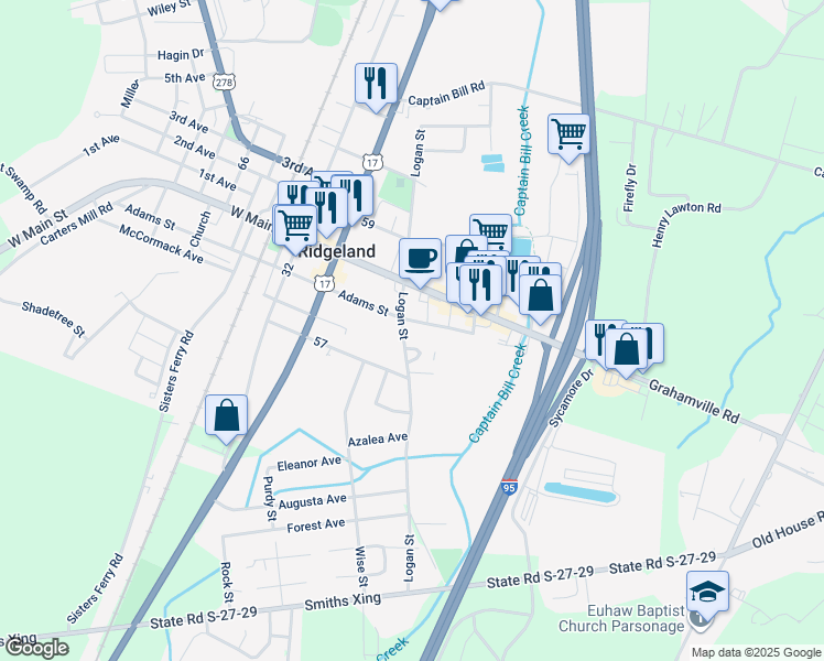 map of restaurants, bars, coffee shops, grocery stores, and more near 596 Logan Street in Ridgeland
