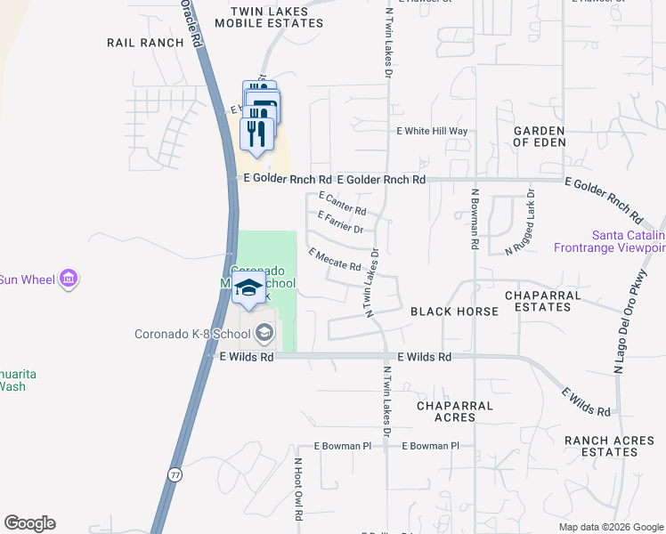 map of restaurants, bars, coffee shops, grocery stores, and more near 3576 East Mecate Road in Tucson