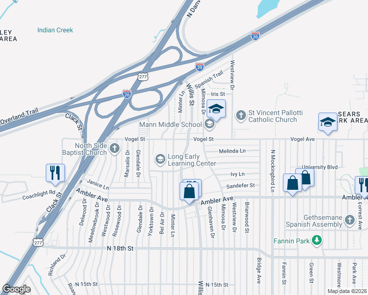 map of restaurants, bars, coffee shops, grocery stores, and more near 2413 North Willis Street in Abilene