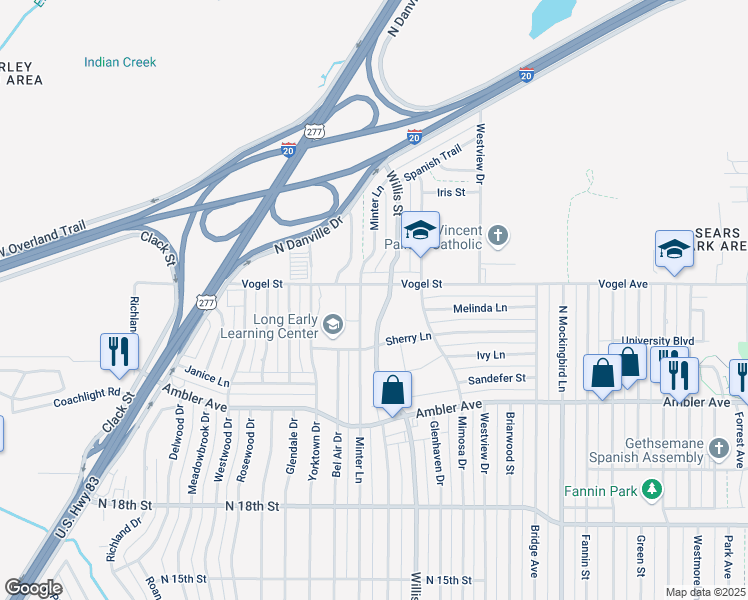map of restaurants, bars, coffee shops, grocery stores, and more near 2410 North Willis Street in Abilene
