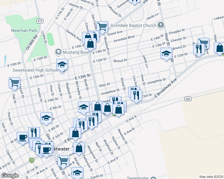 map of restaurants, bars, coffee shops, grocery stores, and more near 1109 Josephine Street in Sweetwater
