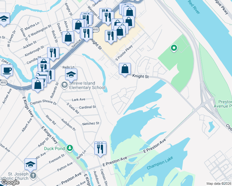 map of restaurants, bars, coffee shops, grocery stores, and more near 3284 Eastwood Drive in Shreveport