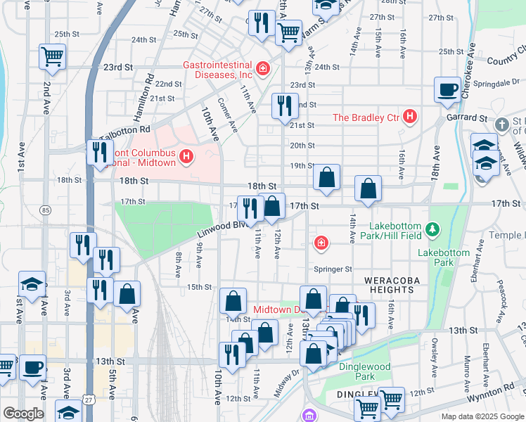 map of restaurants, bars, coffee shops, grocery stores, and more near 1119 Linwood Boulevard in Columbus