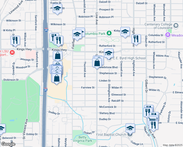 map of restaurants, bars, coffee shops, grocery stores, and more near 823 Stephenson Street in Shreveport