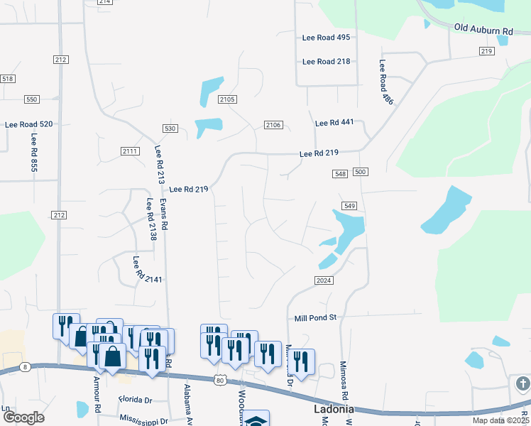 map of restaurants, bars, coffee shops, grocery stores, and more near Oakwood Drive in Phenix City