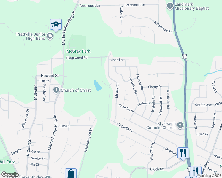 map of restaurants, bars, coffee shops, grocery stores, and more near 513 Mount Airy Drive in Prattville