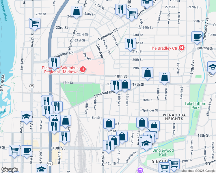 map of restaurants, bars, coffee shops, grocery stores, and more near 1626 10th Avenue in Columbus
