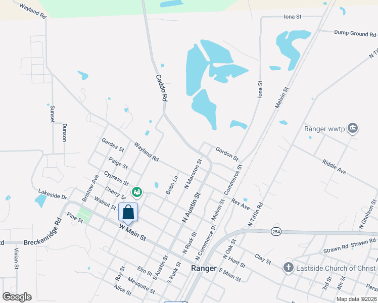 map of restaurants, bars, coffee shops, grocery stores, and more near 701 Caddo Road in Ranger