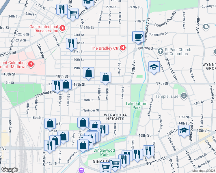 map of restaurants, bars, coffee shops, grocery stores, and more near 1500 17th Street in Columbus