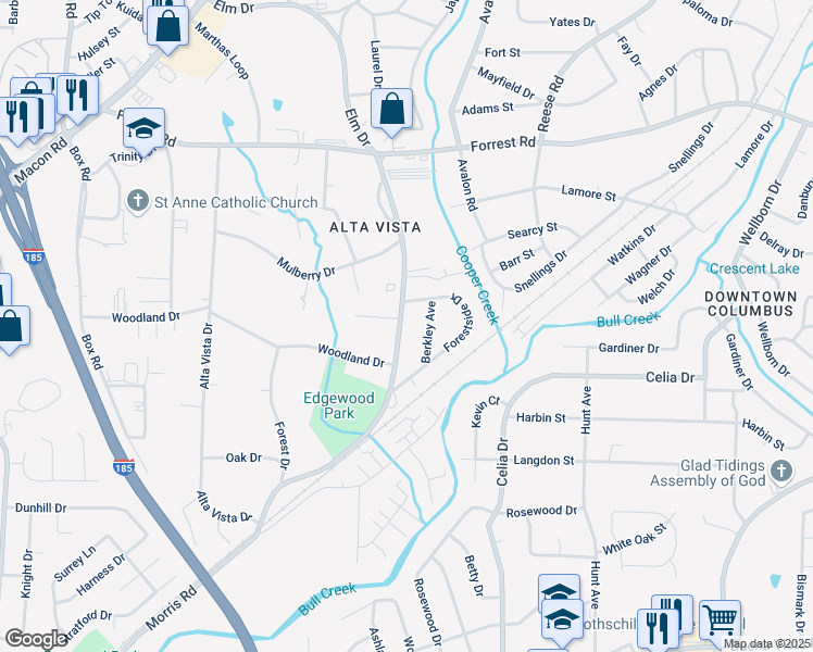 map of restaurants, bars, coffee shops, grocery stores, and more near 1626 Morris Road in Columbus