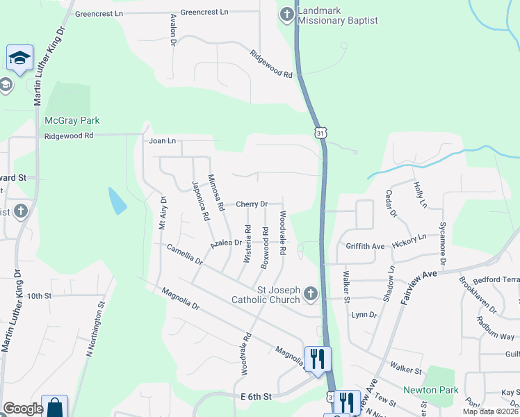 map of restaurants, bars, coffee shops, grocery stores, and more near 626 Boxwood Road in Prattville