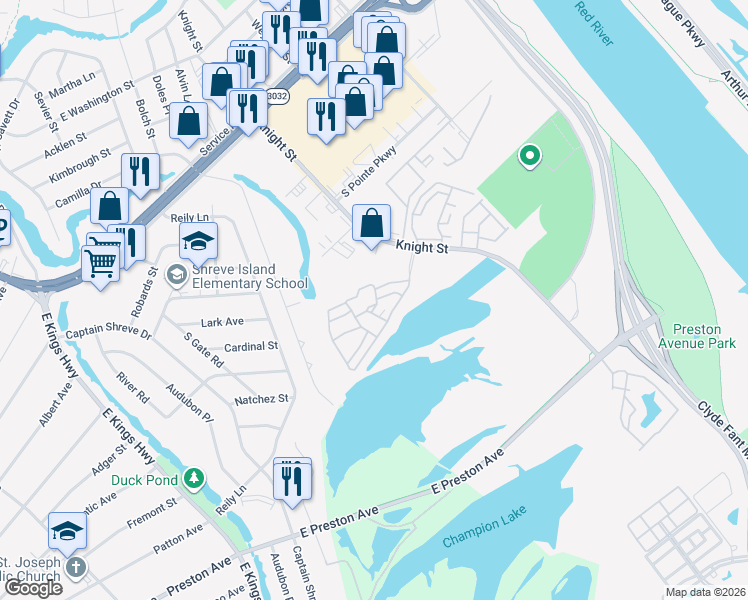 map of restaurants, bars, coffee shops, grocery stores, and more near 3430 Stonebrook Place in Shreveport