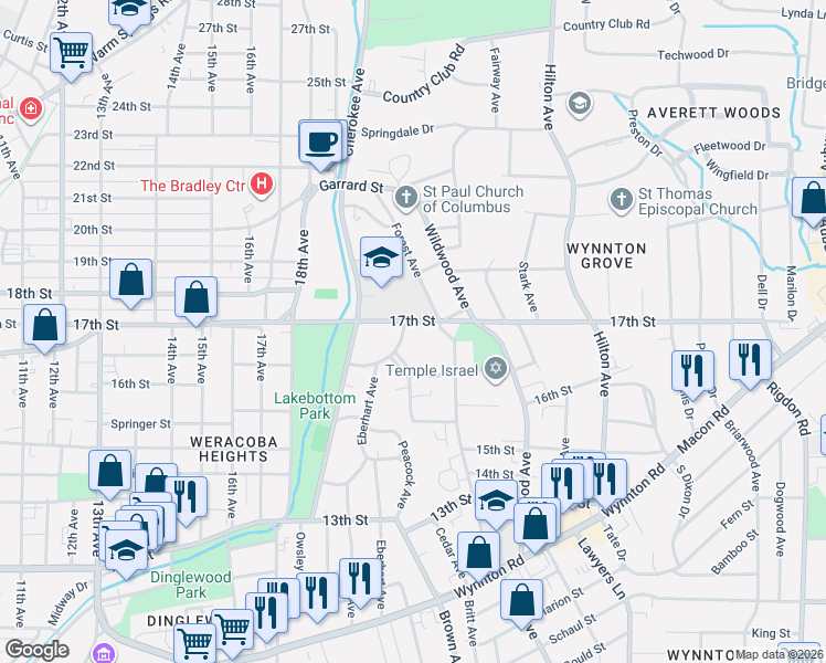 map of restaurants, bars, coffee shops, grocery stores, and more near 1661 Forest Avenue in Columbus