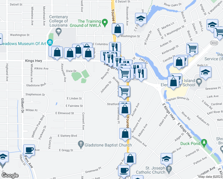 map of restaurants, bars, coffee shops, grocery stores, and more near 3434 Coldwell Street in Shreveport
