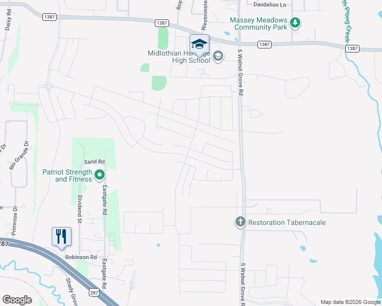 map of restaurants, bars, coffee shops, grocery stores, and more near 4002 Grove Valley Road in Midlothian