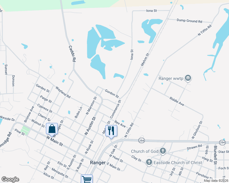 map of restaurants, bars, coffee shops, grocery stores, and more near 601 Spring Road in Ranger