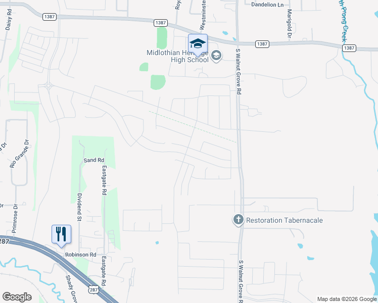 map of restaurants, bars, coffee shops, grocery stores, and more near 4002 Grove Valley Road in Midlothian