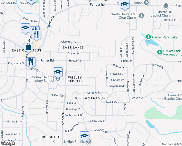 map of restaurants, bars, coffee shops, grocery stores, and more near 5547 Eastbrook Lane in Columbus