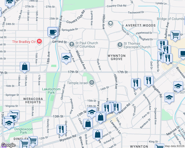 map of restaurants, bars, coffee shops, grocery stores, and more near 1670 Wildwood Avenue in Columbus