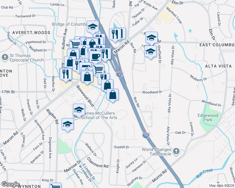 map of restaurants, bars, coffee shops, grocery stores, and more near 1776 Boxwood Place in Columbus