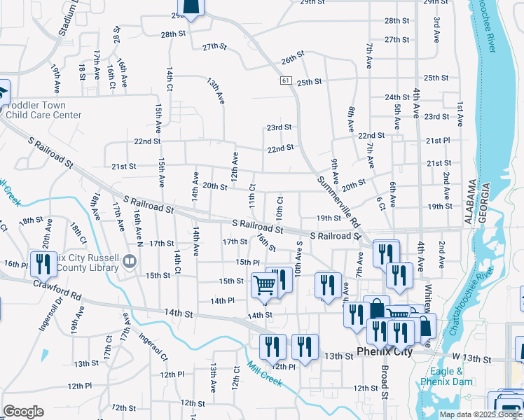 map of restaurants, bars, coffee shops, grocery stores, and more near 1804 11th Avenue in Phenix City