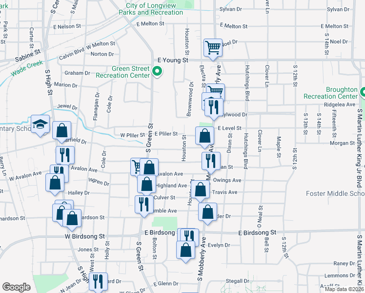 map of restaurants, bars, coffee shops, grocery stores, and more near 126 East Myrle Avenue in Longview