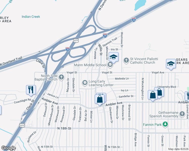 map of restaurants, bars, coffee shops, grocery stores, and more near 2410 North Willis Street in Abilene