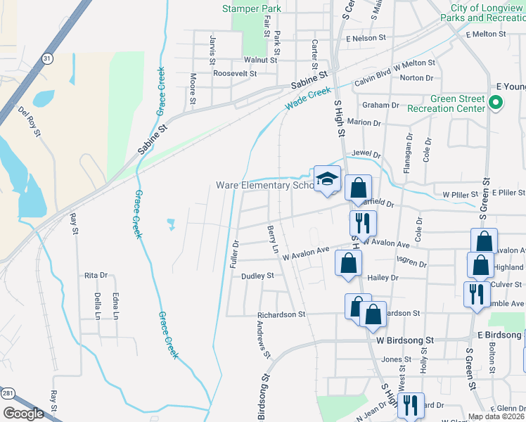 map of restaurants, bars, coffee shops, grocery stores, and more near 804 Gordon Street in Longview