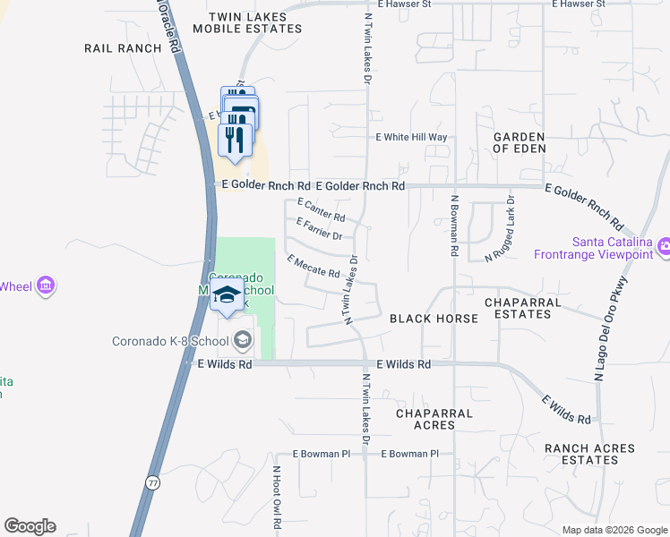 map of restaurants, bars, coffee shops, grocery stores, and more near 3636 East Mecate Road in Tucson