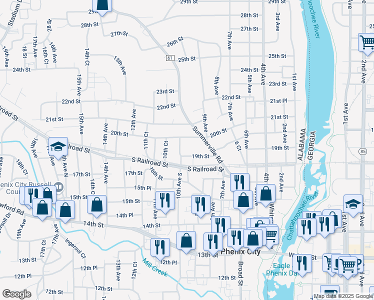 map of restaurants, bars, coffee shops, grocery stores, and more near 906b 19th Street in Phenix City