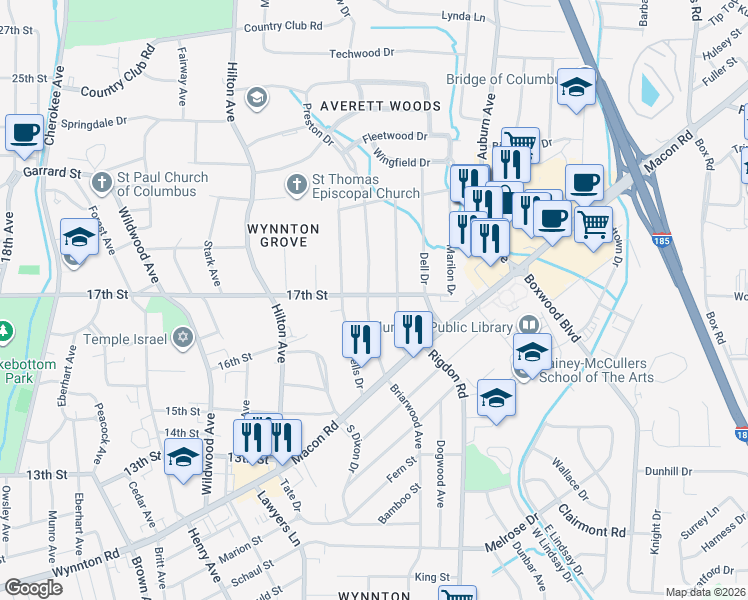 map of restaurants, bars, coffee shops, grocery stores, and more near 1640 Preston Drive in Columbus