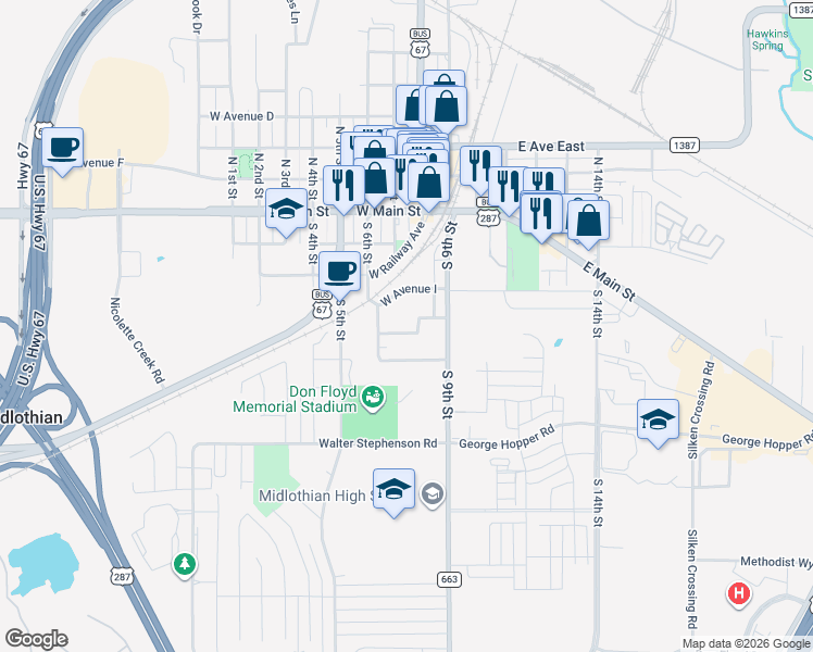 map of restaurants, bars, coffee shops, grocery stores, and more near 120 West Avenue K in Midlothian