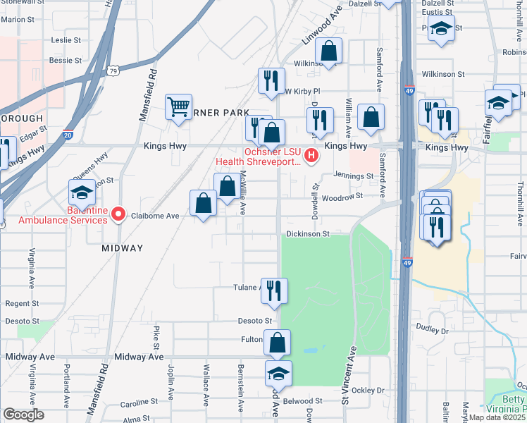 map of restaurants, bars, coffee shops, grocery stores, and more near 1624 Claiborne Avenue in Shreveport