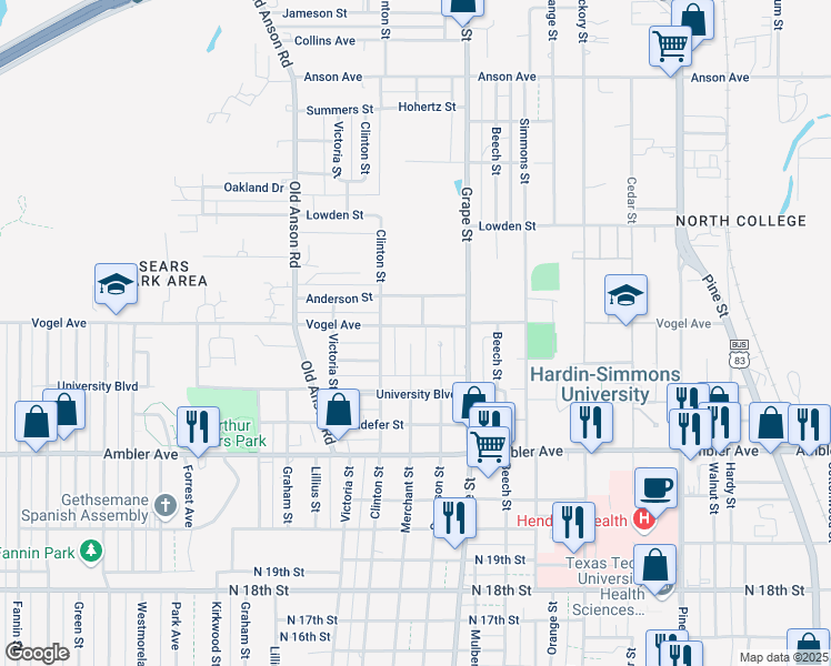 map of restaurants, bars, coffee shops, grocery stores, and more near 2474 Swenson Street in Abilene