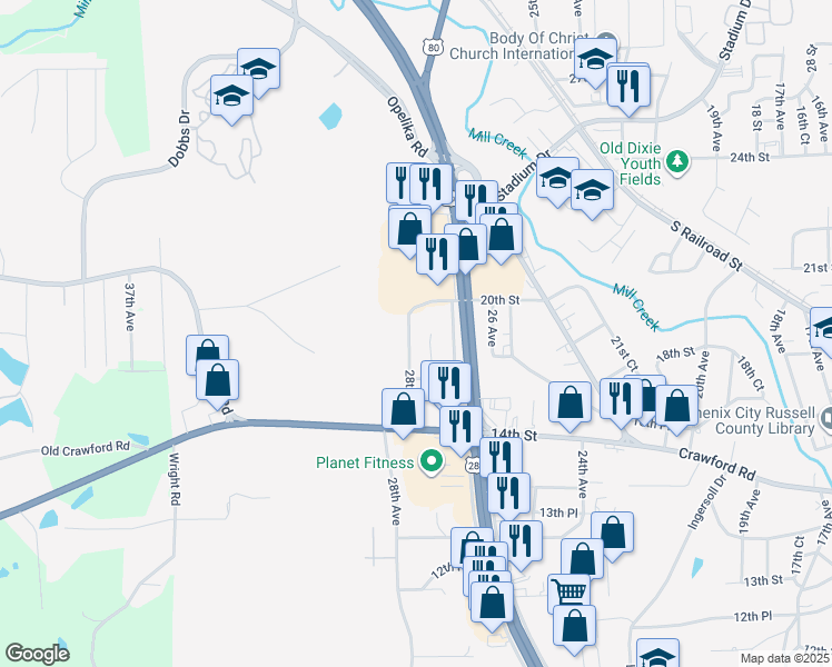 map of restaurants, bars, coffee shops, grocery stores, and more near 1711 27th Court in Phenix City