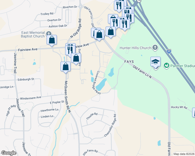 map of restaurants, bars, coffee shops, grocery stores, and more near 625 Covered Bridge Parkway in Prattville