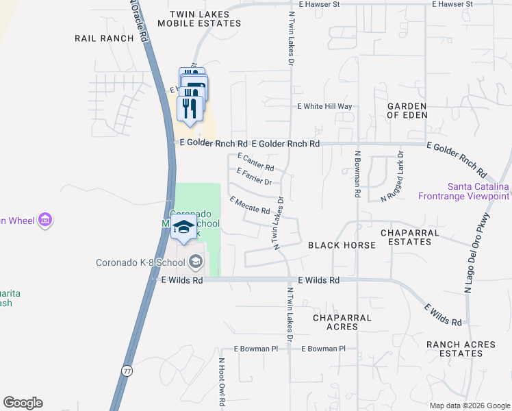 map of restaurants, bars, coffee shops, grocery stores, and more near 3611 East Mecate Road in Tucson