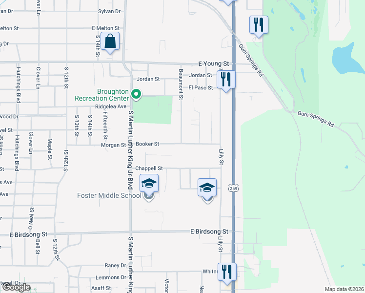 map of restaurants, bars, coffee shops, grocery stores, and more near 1300 Booker Street in Longview